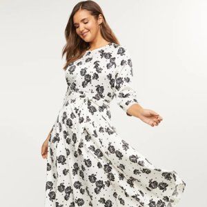 FLORAL SATIN FIT & FLARE MIDI DRESS
